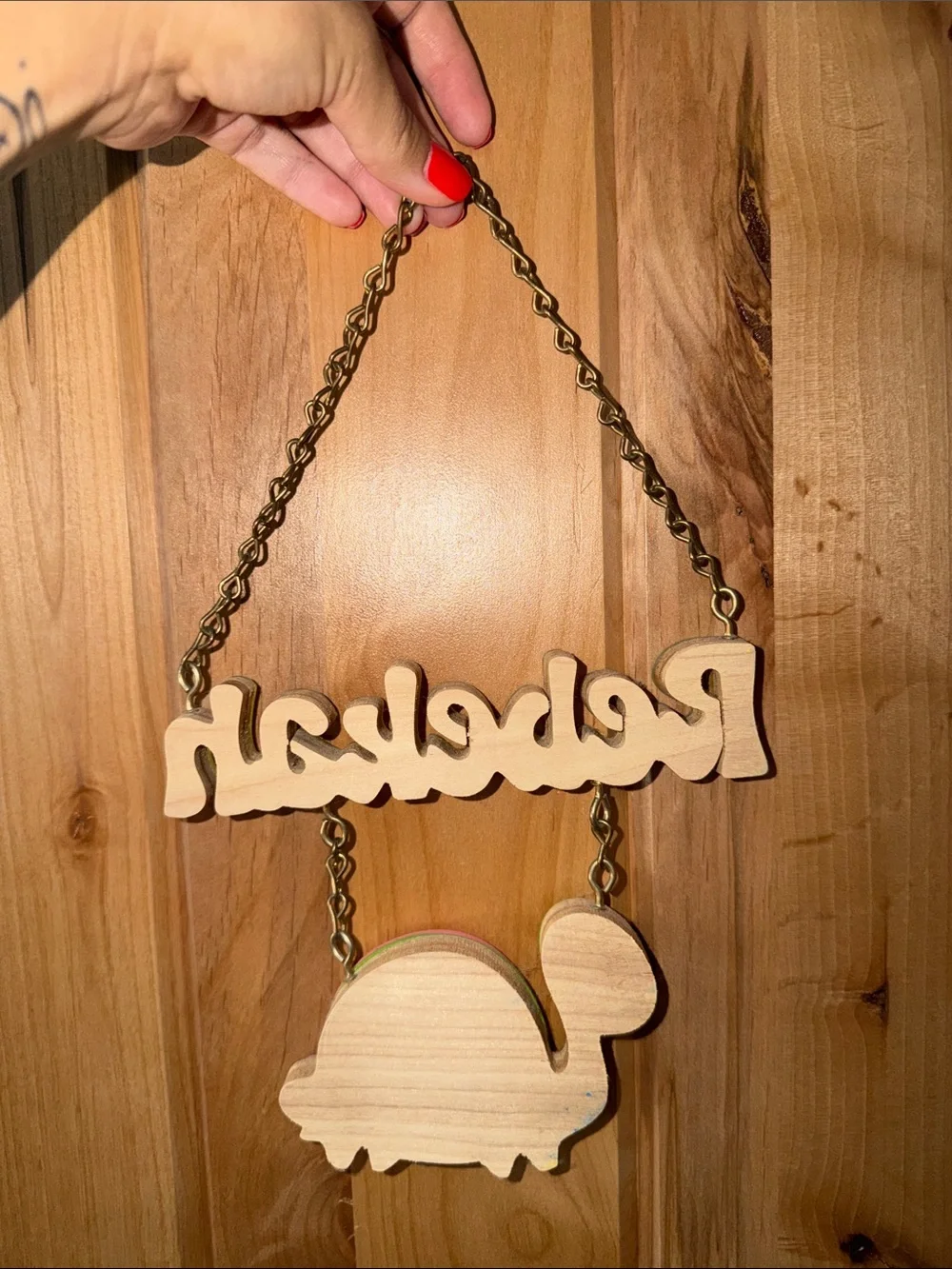 Personalized Kids Name Wall Hanger - Yellow Rebekah with Pink Turtle